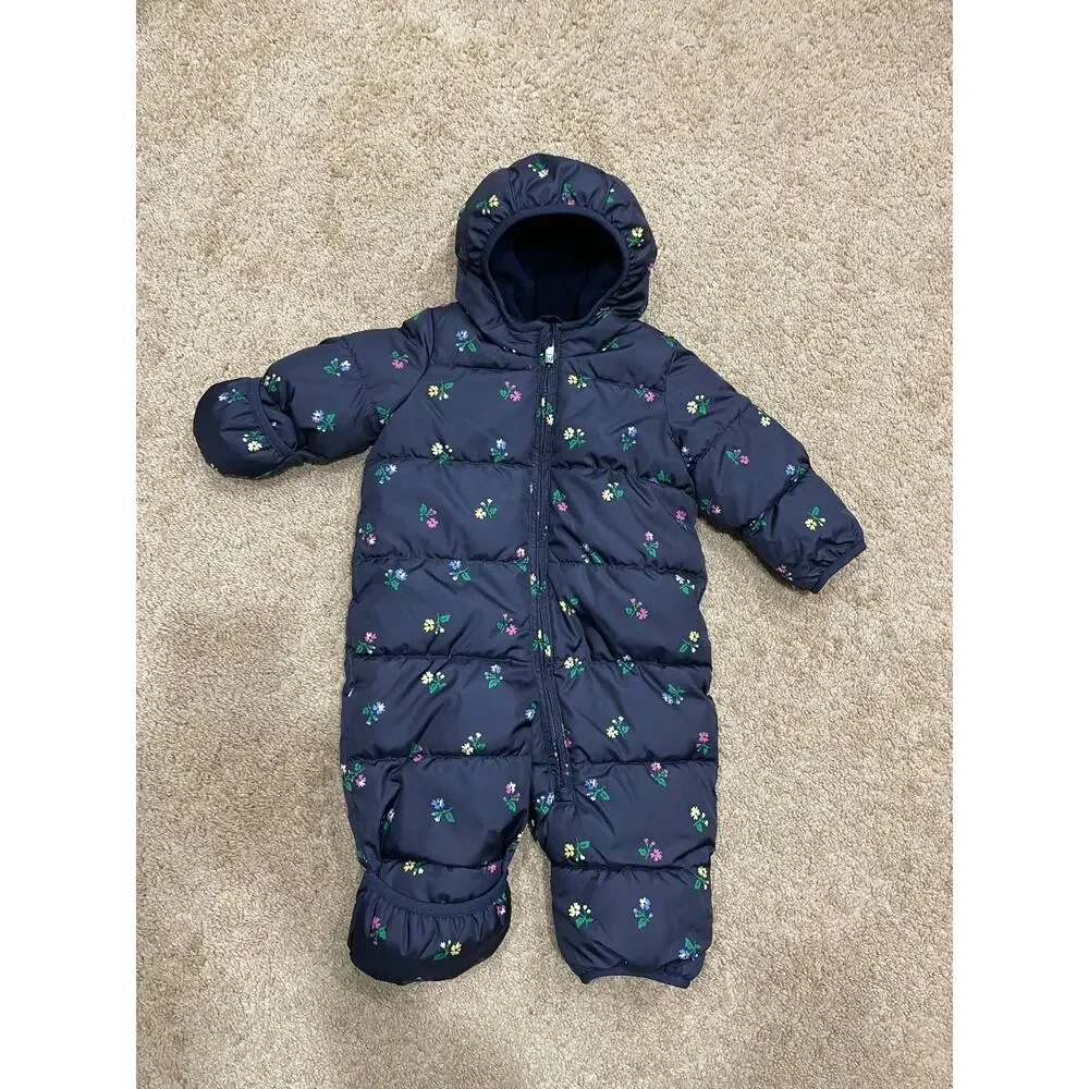 Baby GAP One-Piece Snowsuit Bunting Navy Floral 0-6 Months Soft Fleece Girls